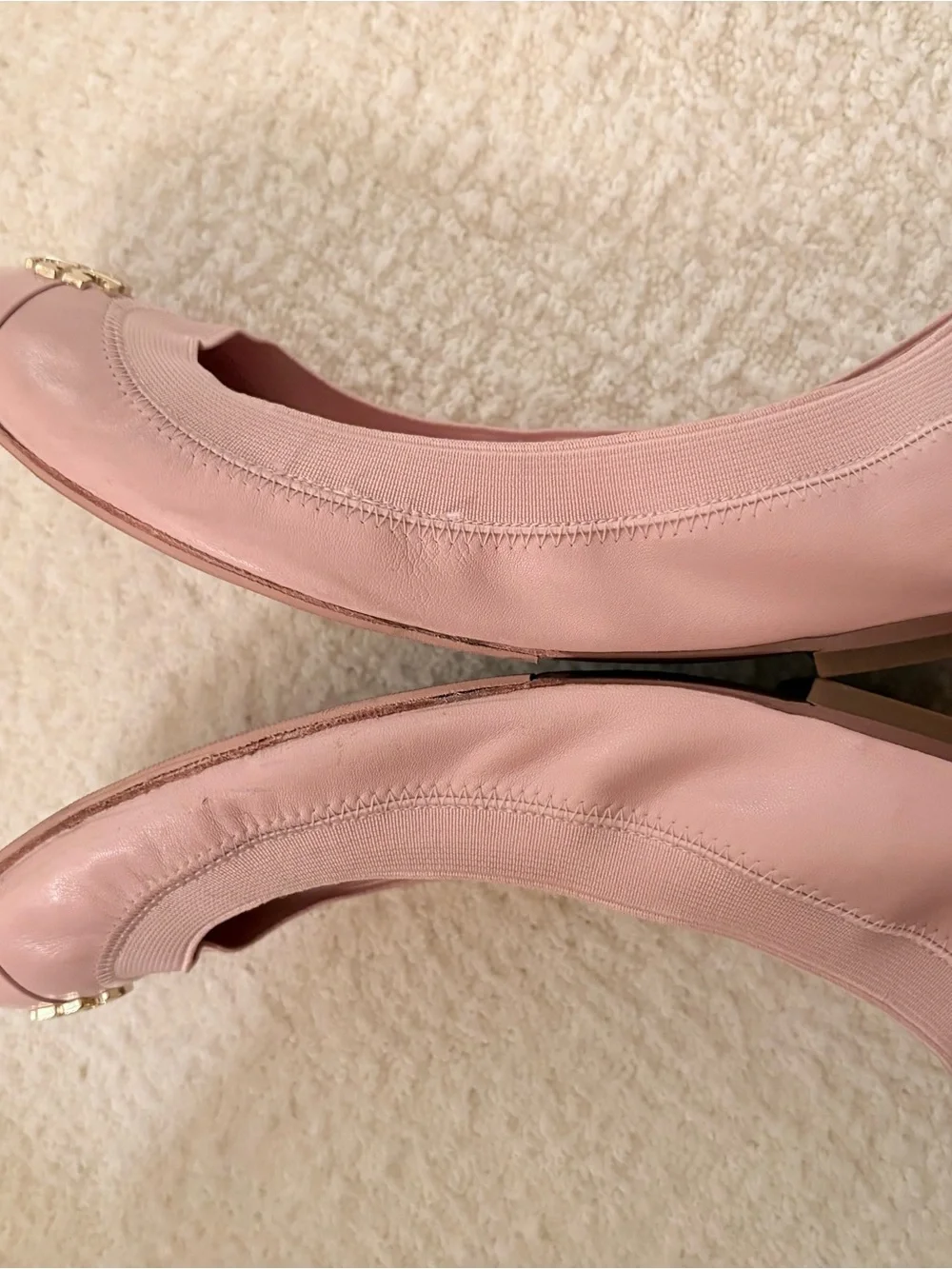Tory Burch Blush Pink Leather Ballet Flats with Gold Logo Accent